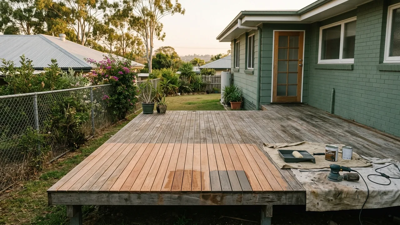 Brisbane painter context shot for "Should you paint or stain a timber deck in Brisbane's climate?"